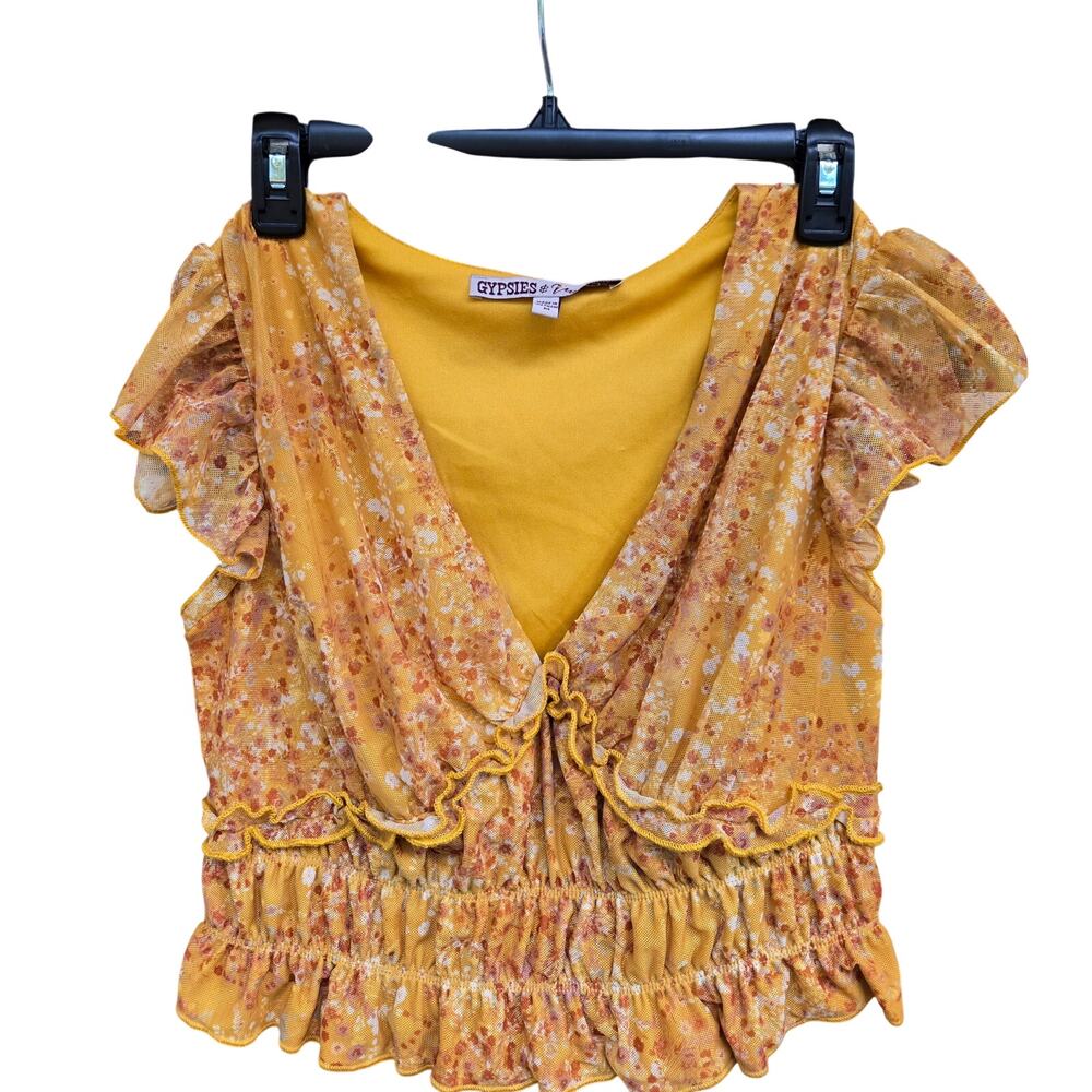 NWT Gypsies & Moondust Ladies Boho Yellow Ditsy Floral Mesh Crop Shirt Size M